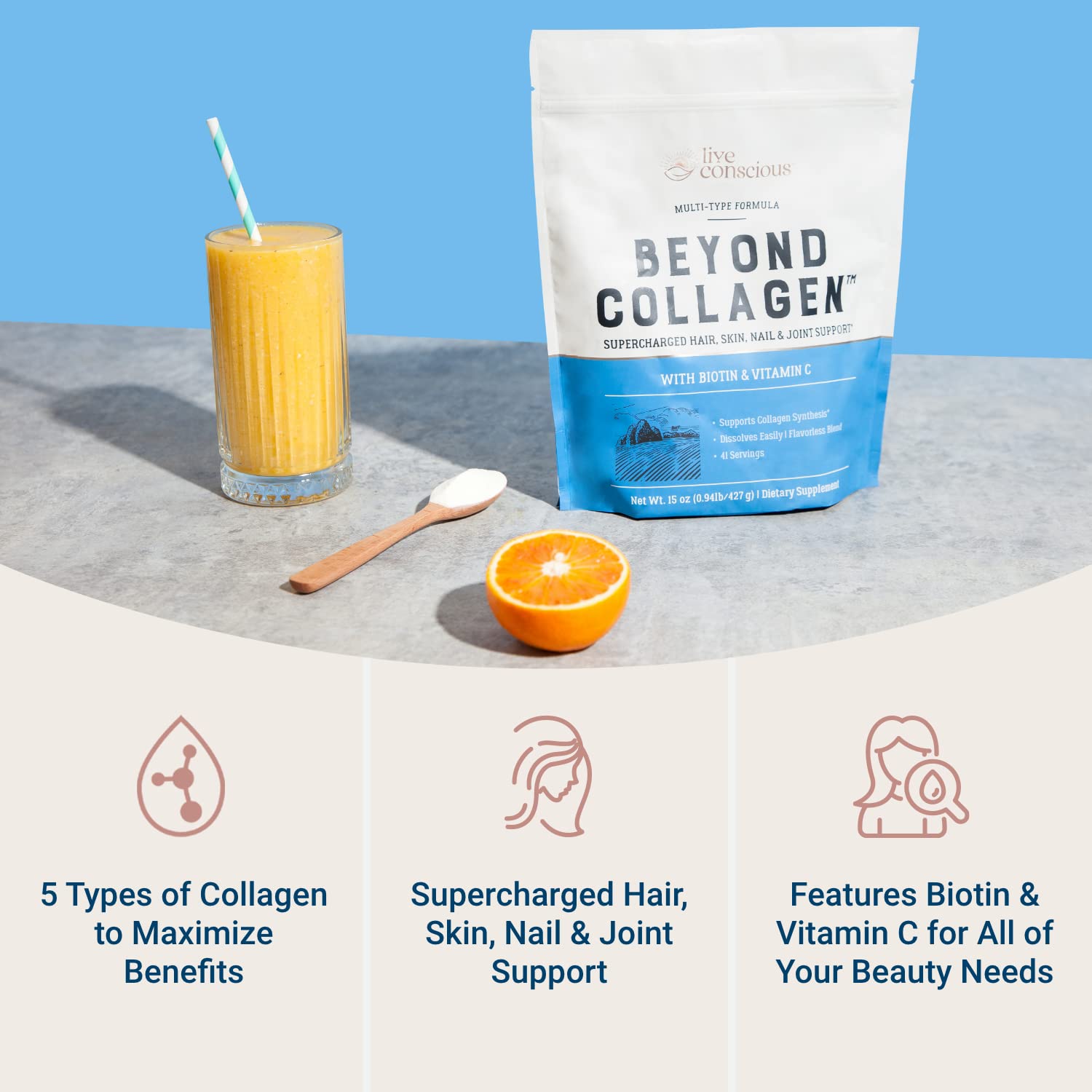 Live Conscious Beyond Collagen Multi Collagen Powder 2-Pack | 5 Types for Skin & Joints with Biotin - Image 3