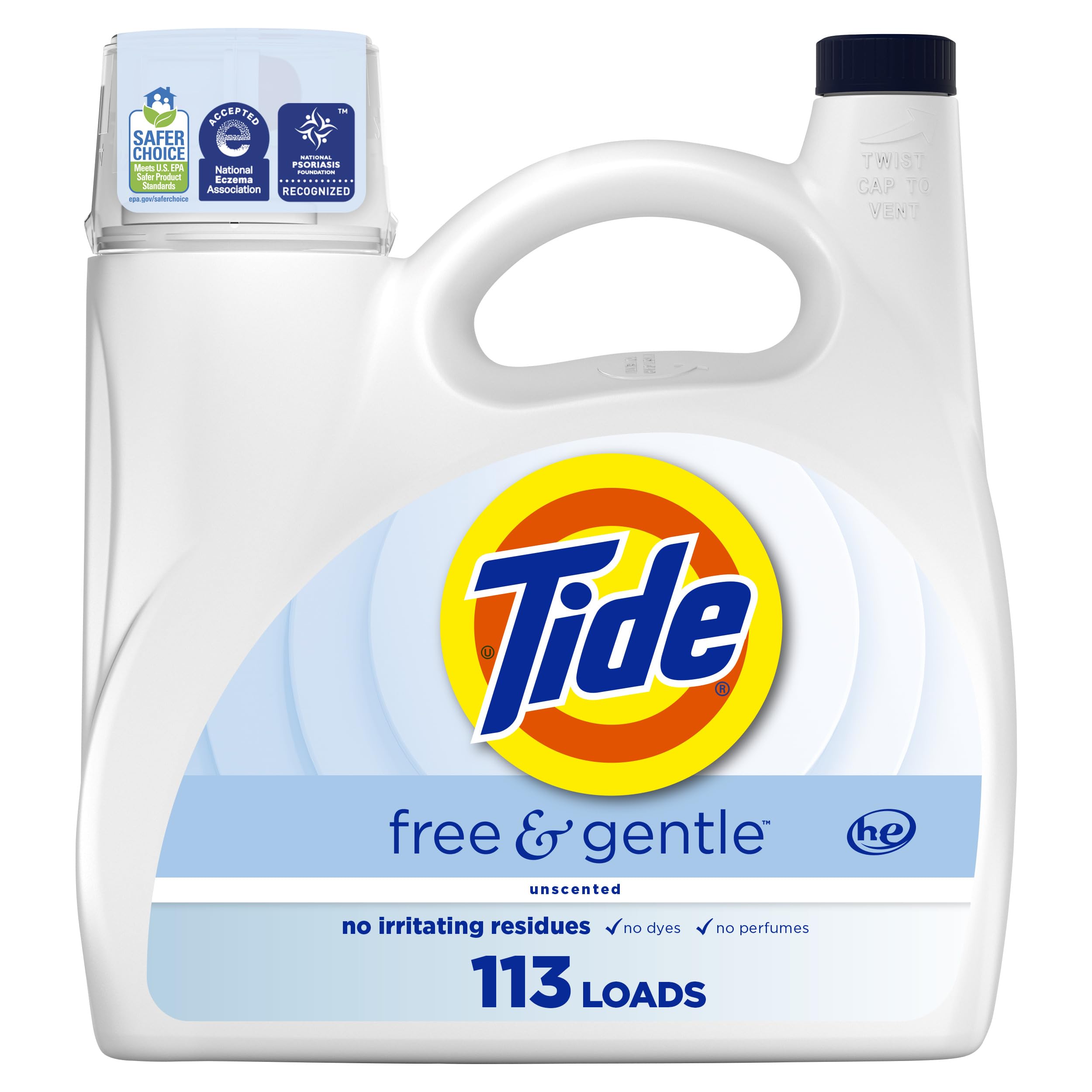 Tide Free & Gentle Liquid Laundry Detergent 3.53L (113 Loads) | Hypoallergenic Clean for Sensitive Skin