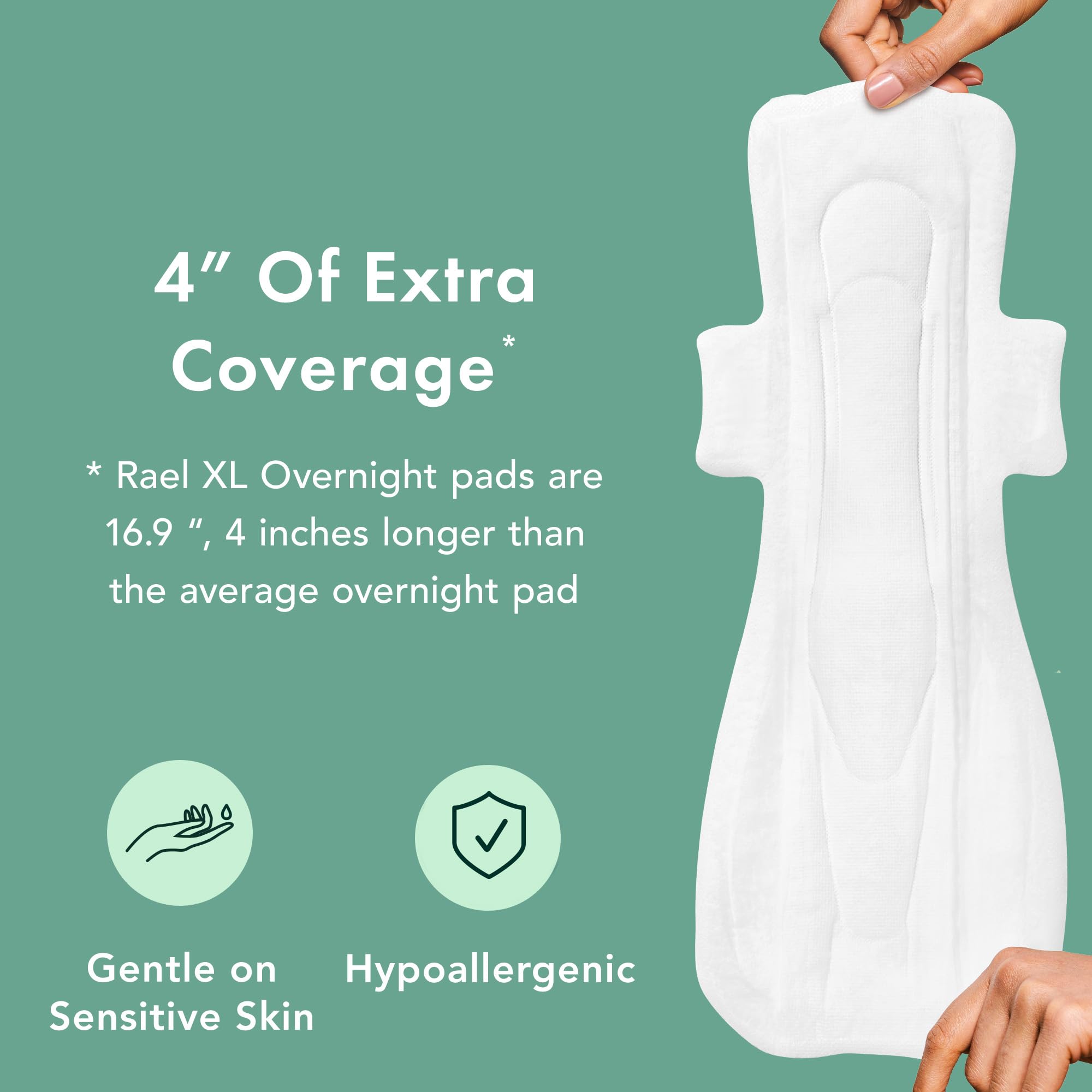 Rael Organic Cotton Sanitary Napkins Overnight Extra Long 12 Count | Breathable Feminine Care, Hypoallergenic Pads - Image 4