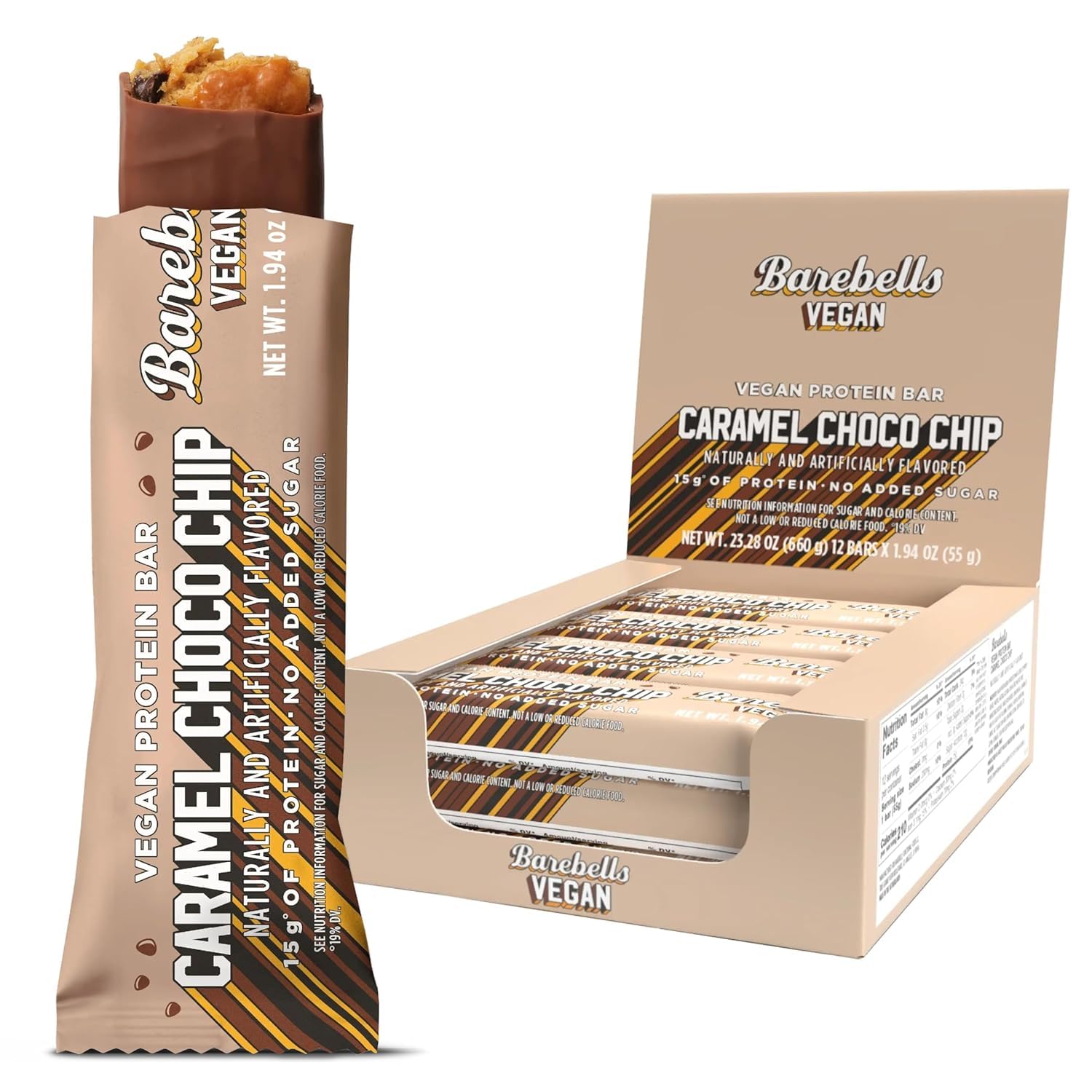 BAREBELLS Vegan Protein Bars Caramel Choco Chip 12 Count | Plant-Based Muscle Fuel