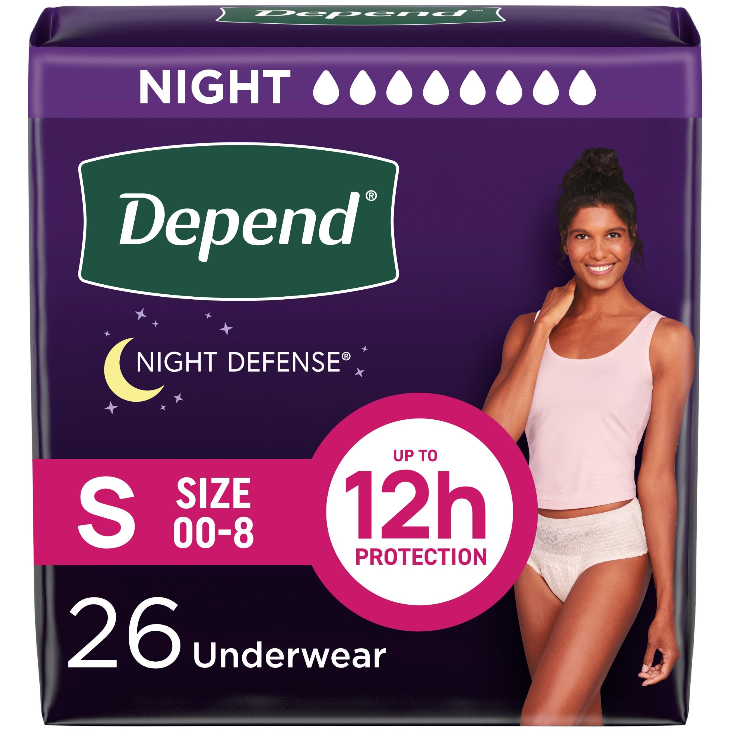 Depend Night Defense Adult Diapers for Women, Overnight Absorbency, Small, 26 Count | Incontinence Underwear, Postpartum Bladder Leak Protection