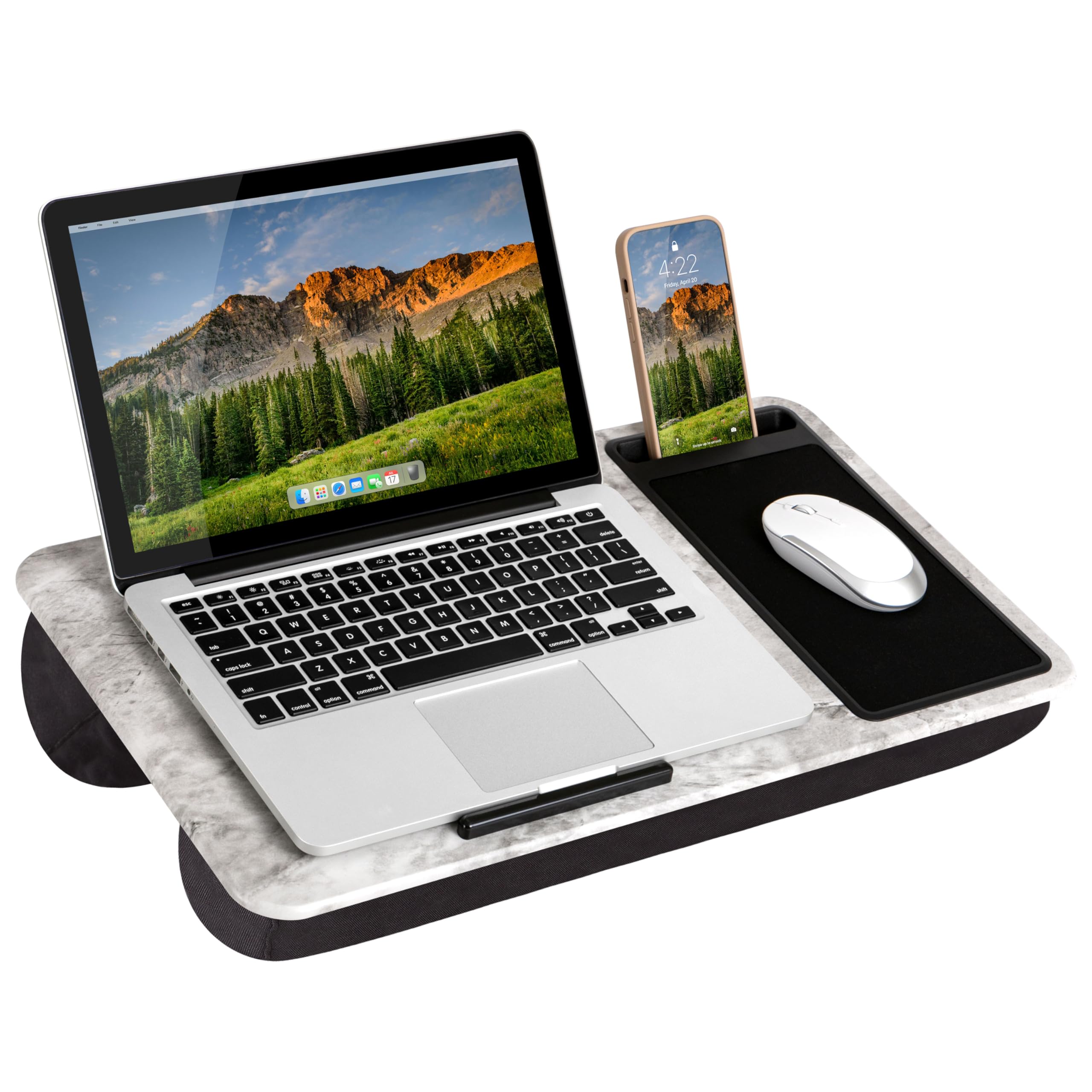 LapGear Home Office Lap Desk with Device Ledge, Mouse Pad, and Phone Holder | White Marble Finish for Laptops up to 15.6"