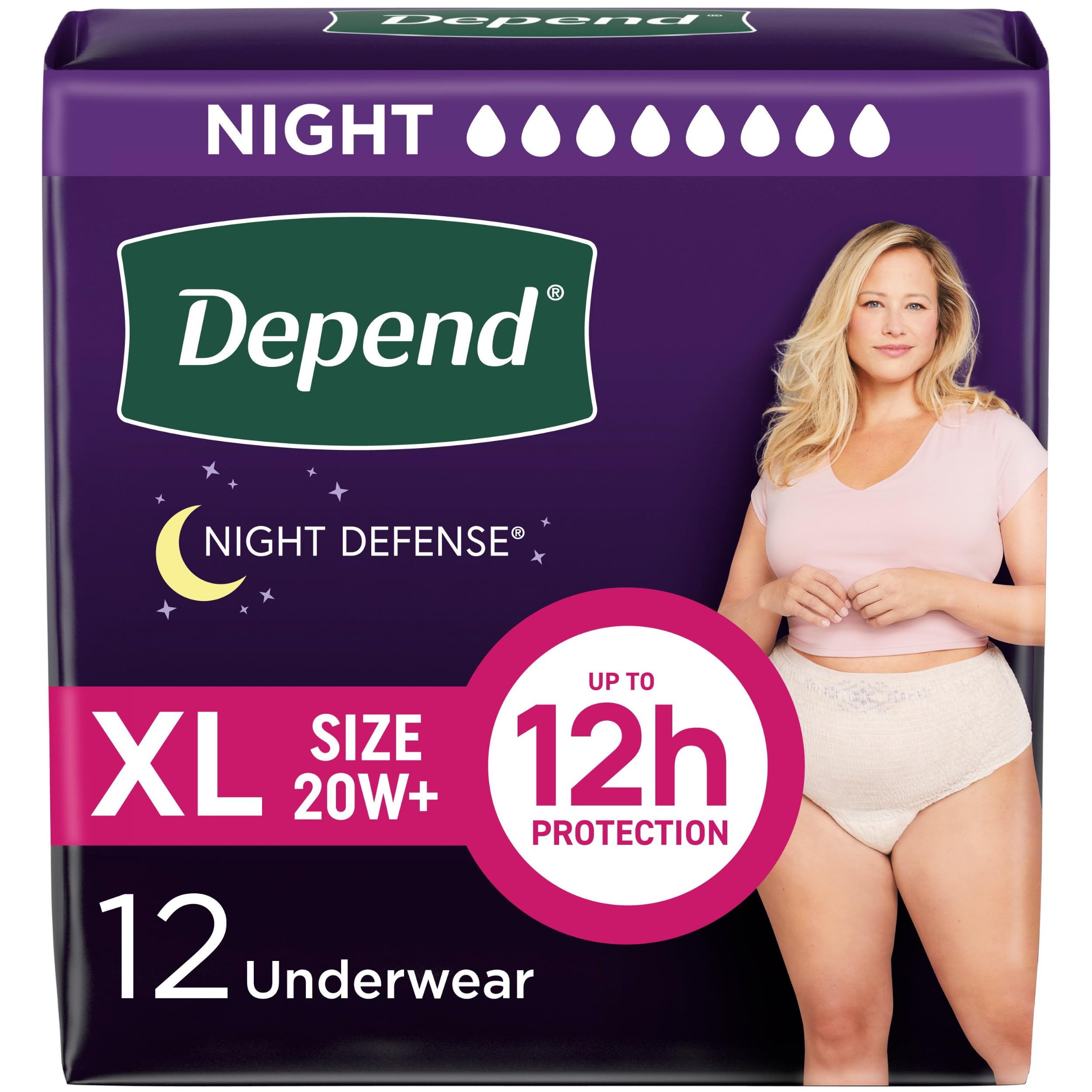 Depend Night Defense Adult Diapers for Women XL (45-54" Waist) | Overnight Incontinence & Postpartum Protection