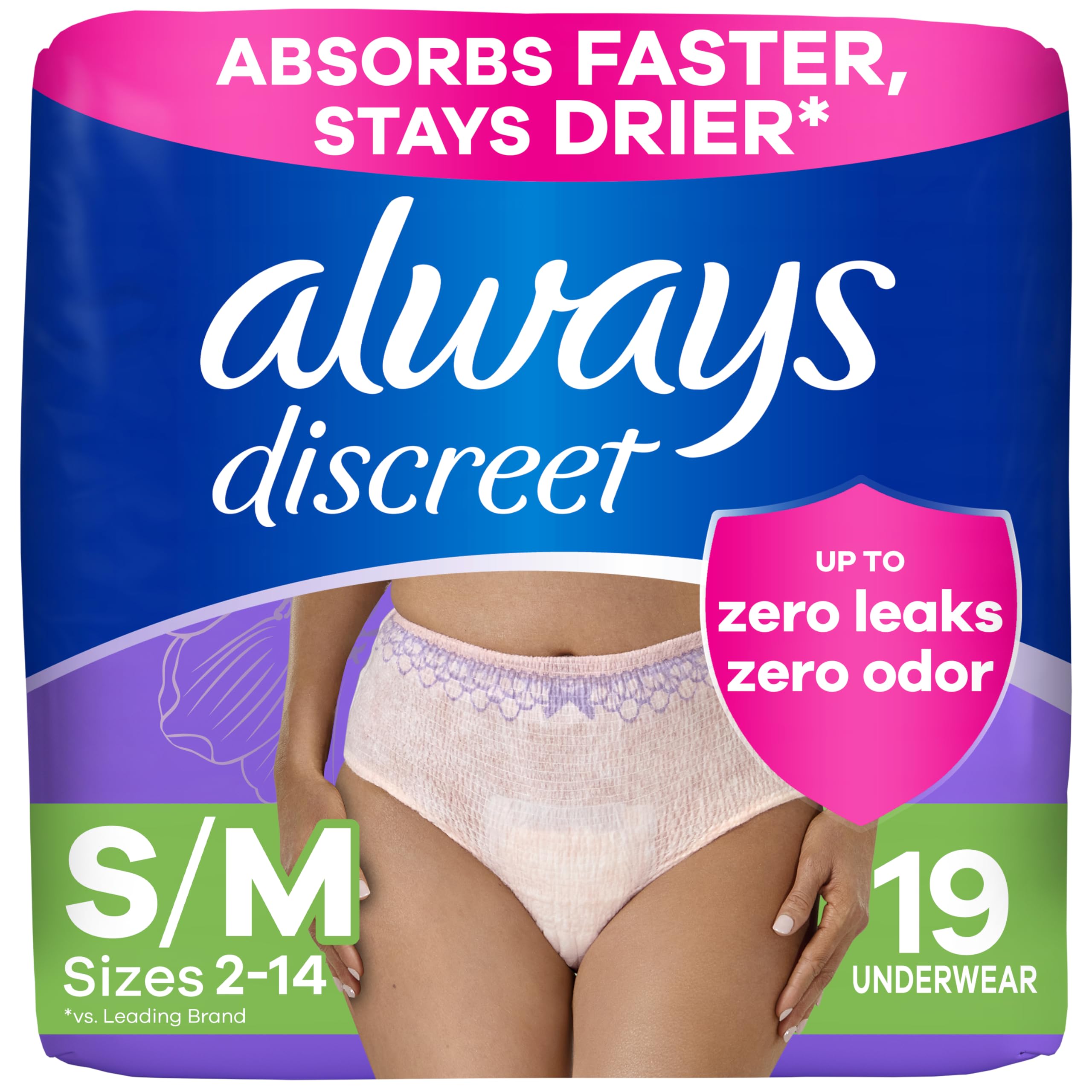 Always Discreet Incontinence Underwear Small/Medium 19ct | Max Absorbency Bladder Leak Protection for Women
