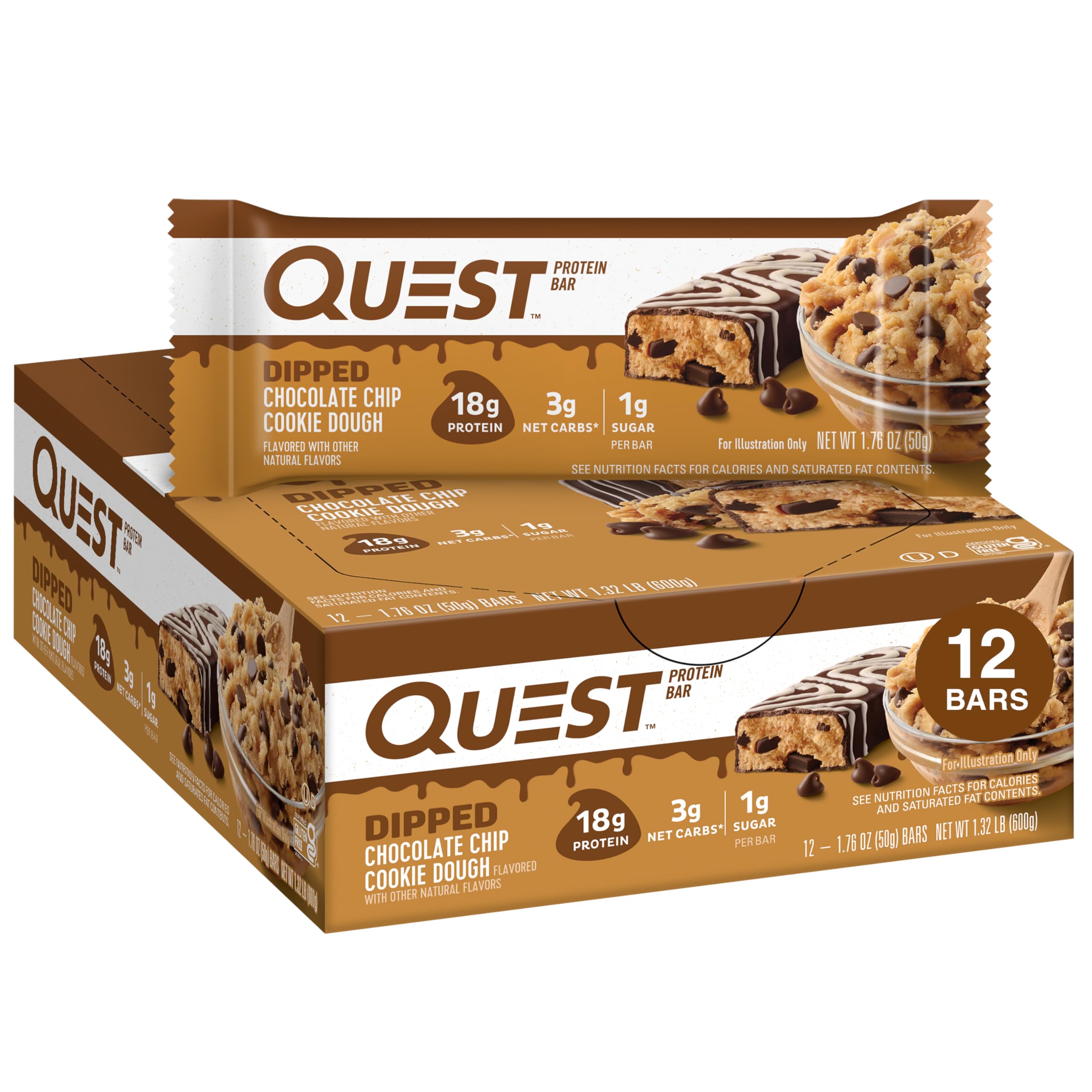 Quest Nutrition Dipped Chocolate Chip Cookie Dough Protein Bars 12 Count | Build Muscle with High Protein