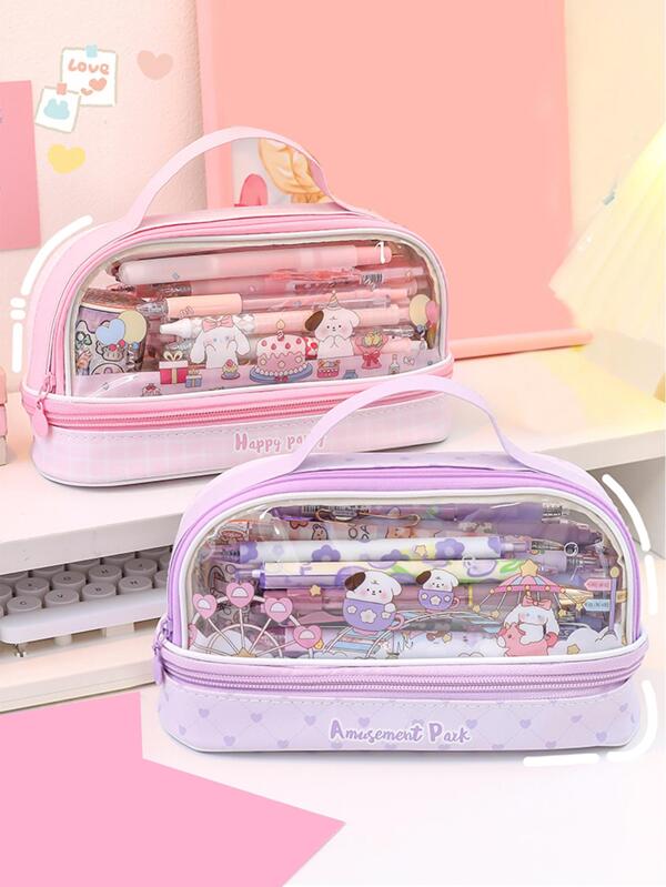 Kawaii Pencil Case Large Capacity Double Layer Korean Pen Bag Useful  Stationery Organizer School Business Supplies for Girls