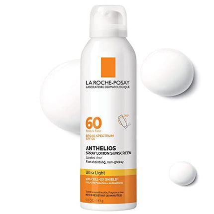 La Roche-Posay Anthelios Ultra-Light Sunscreen Spray Lotion SPF 60 | Spray Sunscreen For Face & Body | Broad Spectrum SPF + Antioxidants | Oil Free | Alcohol Free | Water Resistant 80 Min. | 5 Fl. Oz.