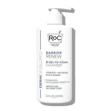 RoC Barrier Renew Gel to Foam Non Drying Cleanser with Ceramides + Antioxidant Green Tea + Glycerin to Hydrate & Balance Skin, 12 Ounces