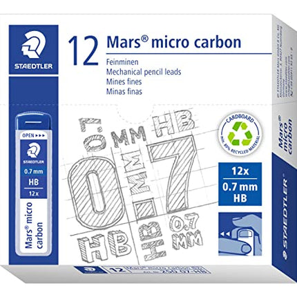 STAEDTLER Mars Micro Carbon Mechanical Pencil Refills, Tube of 12 0.7mm HB Medium Point Graphite Leads, 250 07-HB
