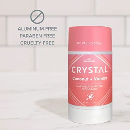 Crystal Magnesium Solid Stick Natural Deodorant, Non-Irritating Aluminum Free Deodorant for Men or Women, Safely and Effectively Fights Odor, Baking Soda Free, Coconut + Vanilla, 2.5 oz