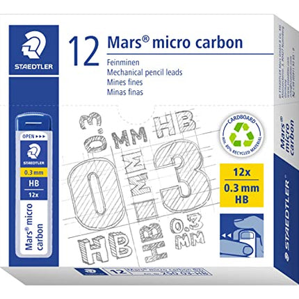 STAEDTLER | Mars Micro Carbon Mechanical Pencil Refills | Tube of 12 | 0.3mm HB Point Graphite Leads | 250 03-HB