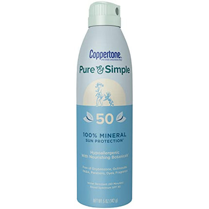 Coppertone Pure and Simple Spray Sunscreen, SPF 50 Broad Spectrum Sunscreen with Zinc Oxide, 5 Ounce (Pack of 3)