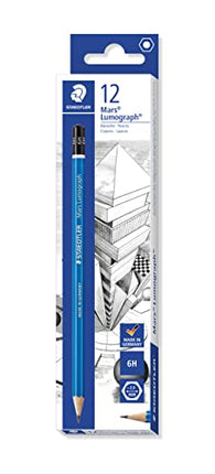 Staedtler Mars Lumograph 6H Graphite Art Drawing Pencil, Medium Hard, Break-Resistant Bonded Lead, 12 Pack, 100-6H, blue (100-6H VE)