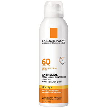 La Roche-Posay Anthelios Ultra-Light Sunscreen Spray Lotion SPF 60 | Spray Sunscreen For Face & Body | Broad Spectrum SPF + Antioxidants | Oil Free | Alcohol Free | Water Resistant 80 Min. | 5 Fl. Oz.