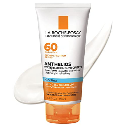 La Roche-Posay Anthelios Cooling Water Sunscreen Lotion | Water Based Sunscreen for Face & Body | Broad Spectrum SPF + Antioxidants | Fast Absorbing Water-Like Texture | Oil Free Sunscreen SPF 60