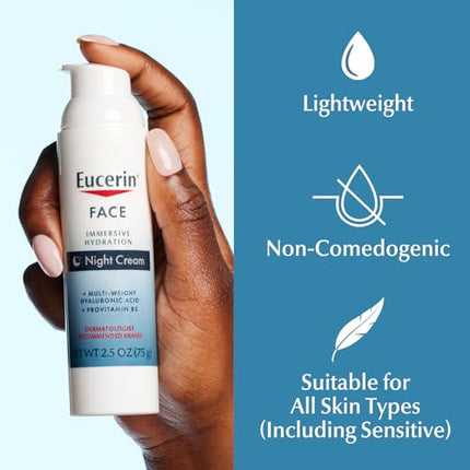 Eucerin Face Immersive Hydration Night Cream with Hyaluronic Acid and Provitamin B5, Ultra-Lightweight Face Moisturizer Smooths Fines Lines and Wrinkles, 2.5 Oz Bottle
