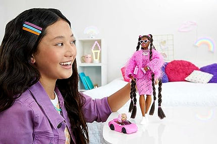 Barbie Extra Doll & Accessories with Long Brunette Styled Hair in Pink 2-Piece Outfit with Sparkly Jacket & Pet Puppy