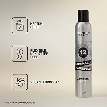 Redken Brushable Hairspray 12 | Flexible Medium Hold with Natural Finish | Protects Against Frizz & Humidity | For All Hair Types | 10.4 Oz
