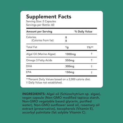 Amandean Vegan Omega 3 Supplement. Premium Fish Oil Alternative! Algae DHA & EPA. 120 Carrageenan Free Softgels. Algal Essential Fatty Acids. Plant Based Heart, Skin, Brain, Eye, Immune Support.