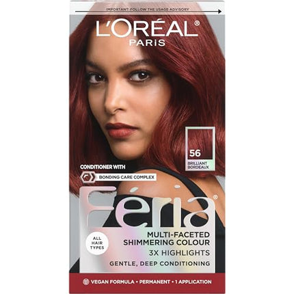 L'Oreal Paris Feria Multi-Faceted Shimmering Permanent Hair Color, 56 Brilliant Bordeaux (Auburn Brown), Pack of 1, Hair Dye