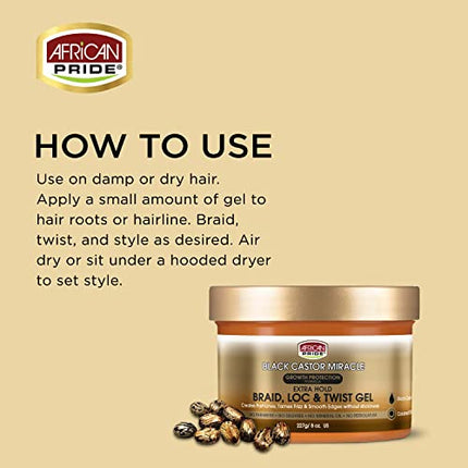 African Pride Black Castor Miracle Extra Hold Braid, Loc, Twist Gel, Tames Frizz & Edges, No Parabens, Sulfates, Mineral Oil or Petrolatum, Contains Black Castor & Coconut Oil