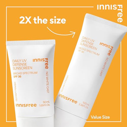 innisfree Daily UV Defense Sunscreen Broad Spectrum SPF 36 with No White Cast, Invisible Korean Sunscreen (Packaging May Vary)