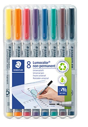 Staedtler Lumograph Non-Permanent Wet Erase Marker Pens, Medium Tip Refillable Colored Markers, 8 Pack, 315 WP8