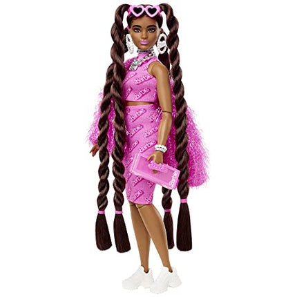 Barbie Extra Doll & Accessories with Long Brunette Styled Hair in Pink 2-Piece Outfit with Sparkly Jacket & Pet Puppy