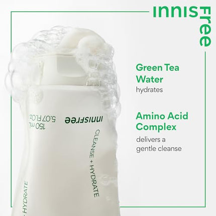 innisfree Green Tea Amino Acid Cleansing Foam, Sulfate Free, Korean Hydrating Face Cleanser with Gentle Foam for Removing Dirt and Impurities