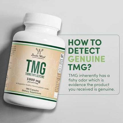 Double Wood Supplements TMG Trimethylglycine Supplement 1,000mg Per Serving, 180 Capsules (TMG Supplements for Homocysteine Control) Genuine TMG with Fishy Smell, Manufactured in The USA, Non-GMO
