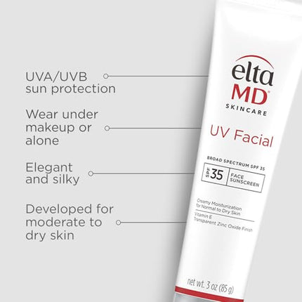 EltaMD UV Facial Sunscreen Moisturizer, SPF 30+ Moisturizing Sunscreen for Sensitive Skin and Dry Skin, Great for Boosting Skin Moisture and UV Protection, Formulated with Zinc Oxide, 3.0 oz Tube