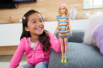 Barbie Fashionistas Doll with Braces, Blonde Hair, Rainbow Dress, Neon Platform Shoes, Pink Sunglasses