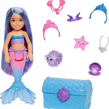 Barbie Mermaid Power Doll & Accessories, Chelsea Small Doll with Blue & Purple Hair, 2 Ocean Pets & Treasure Chest