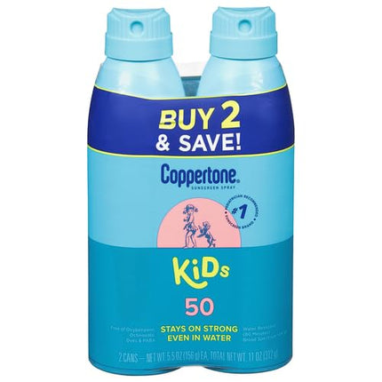 Coppertone Sunscreen Spray SPF 50, Broad Spectrum, Water Resistant for Kids, #1 Pediatrician Recommended Brand, 5.5 Ounce (Pack of 2)