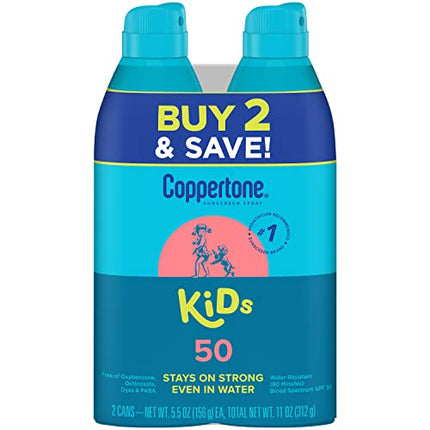 Coppertone Sunscreen Spray SPF 50, Broad Spectrum, Water Resistant for Kids, #1 Pediatrician Recommended Brand, 5.5 Ounce (Pack of 2)