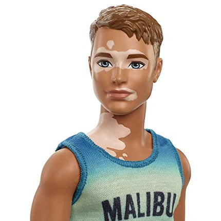 Barbie Fashionistas Ken Fashion Doll #192 with Brunette Cropped Hair & Vitiligo in Malibu Tank, Shorts & Sandals