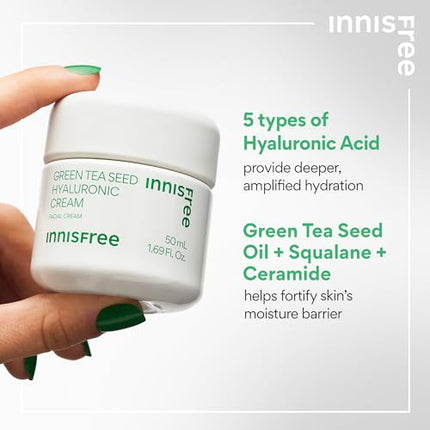 innisfree Green Tea Seed Hyaluronic Acid Cream With Squalane and Ceramides, Korean Hydrating Face Moisturizer and Balancing Cream