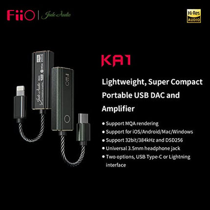 FiiO JadeAudio KA1 Headphone Amps Amplifier Tiny USB DAC High Resolution 3.5mm Lossless for Smartphones/PC/Laptops/Players(Type C, Black)