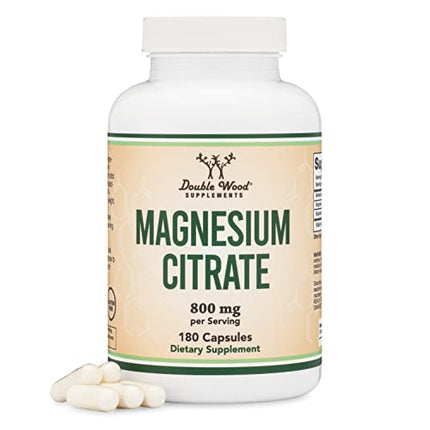 Magnesium Citrate Capsules 180 Capsules (Citrato de Magnesio) 800mg Servings, Vegan Safe, Manufactured in The USA by Double Wood Supplements