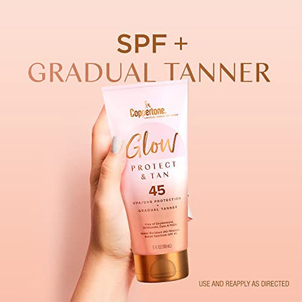 Coppertone Glow Protect and Tan Sunscreen Lotion with Gradual Self Tanner SPF 45, Water Resistant, Broad Spectrum Sunscreen, 5 Fl Oz Tube