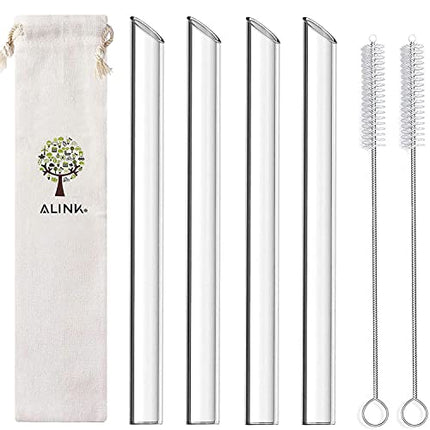 ALINK Reusable Glass Boba Straws, 14mm Extra Wide Clear Smoothie Straws for Bubble Tea, Pack of 4 with 1 Case and 2 Brush