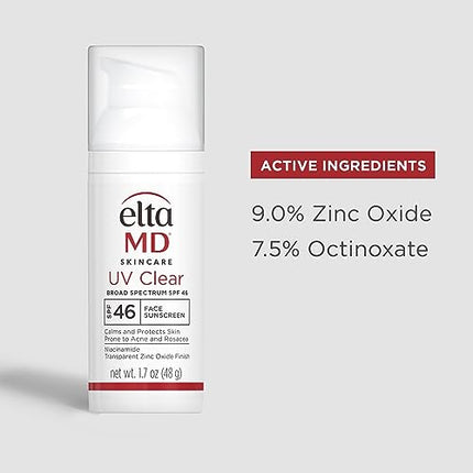 EltaMD UV Clear Face Sunscreen, SPF 46 Oil Free Sunscreen with Zinc Oxide, Travel Size, Protects and Calms Sensitive Skin and Acne-Prone Skin, Lightweight, Dermatologist Recommended, 1.7 oz Pump