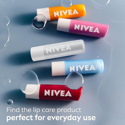 NIVEA Dewy Lip Care with Hyaluronic Acid, Lip Balm Leaves Visibly Less Noticeable Lip Lines and No Waxy Feel, 0.18 Oz, Pack of 4
