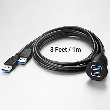 ICESPRING 2 Ports USB 3.0 Extension Cable, Flush Mount Car Truck Boat Motorcycle Dashboard Panel Adapter-3 Feet