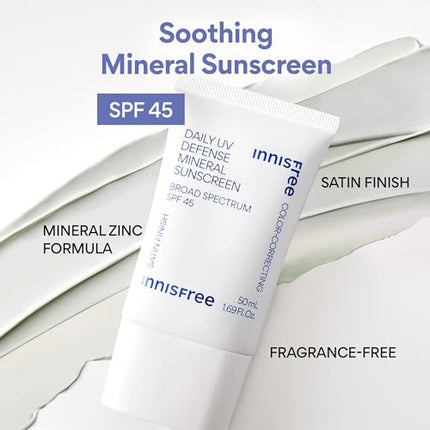 innisfree Daily UV Defense Mineral Sunscreen Broad Spectrum SPF 45 with Sooting Cica and Color Correcting Green Tint