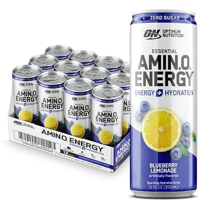 Optimum Nutrition Amino Energy Sparkling Hydration Drink, Electrolytes, Caffeine, Amino Acids, BCAAs, Sugar Free, Blueberry Lemonade, 12 Fl Oz, 12 Pack (Packaging May Vary)