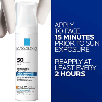 La Roche Posay Anthelios UV Hydra Sunscreen SPF 50 | Daily Hydrating Sunscreen for Face with Hyaluronic Acid and Vitamin E | Broad Spectrum Invisible SPF Protection | Anti Aging | Fragrance Free