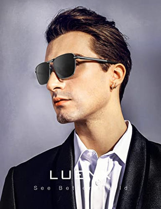 LUENX Men Rectangular Polarized Sunglasses Square Retro Shades - Black Lens Gunmetal Frame 59mm