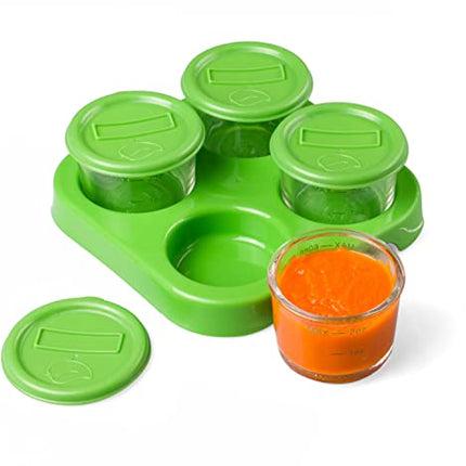 Glass Baby Food Storage Containers (4 Pk) - 2oz Jars in Stackable Storage Tray w Tight Interlocking Base- Dry-Erase Marker Labeling- Microwave Freezer & Dishwasher Safe- Homemade Babyfood, Breast Milk