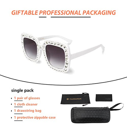 Large Jeweled Sunglasses for Women Crystal Bling Studded Oversized Square Frame (White, 70)